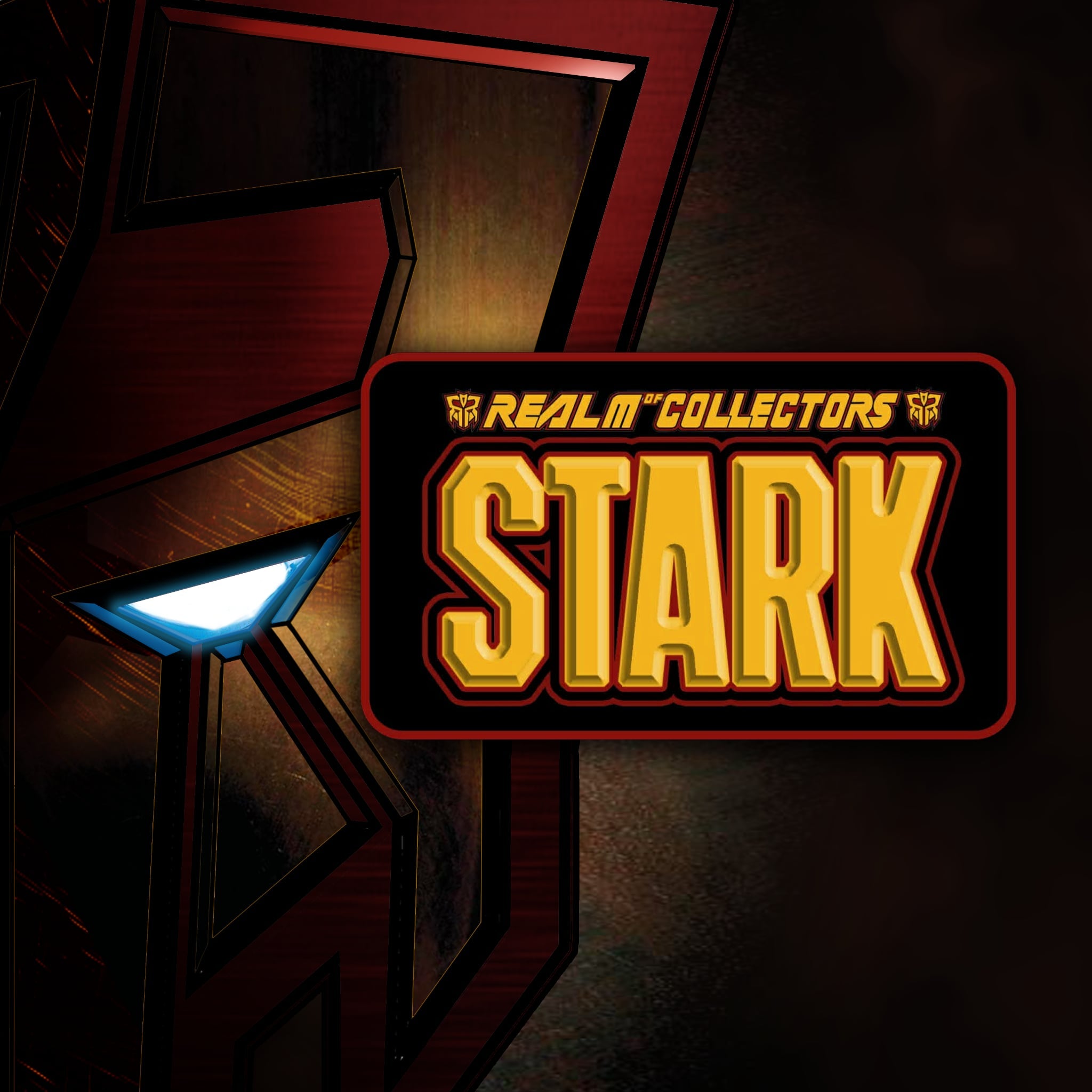 A stylized collectible-style logo plaque reading 'REALM COLLECTORS STARK' in large yellow letters with red and black borders, set against a dark metallic background with a glowing blue eye-like shape.