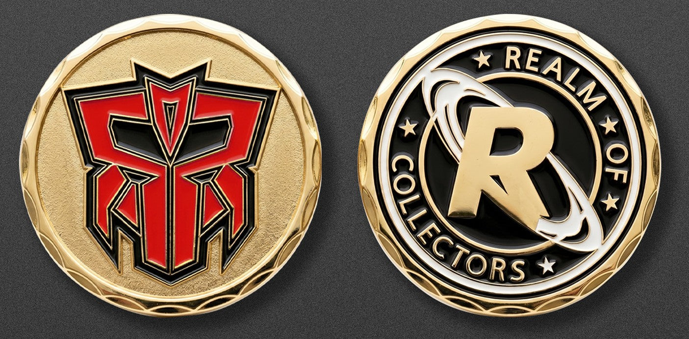 Two round collectible coins shown side by side on a dark background. The left coin is gold-toned with a red and black emblem resembling a stylized letterform.