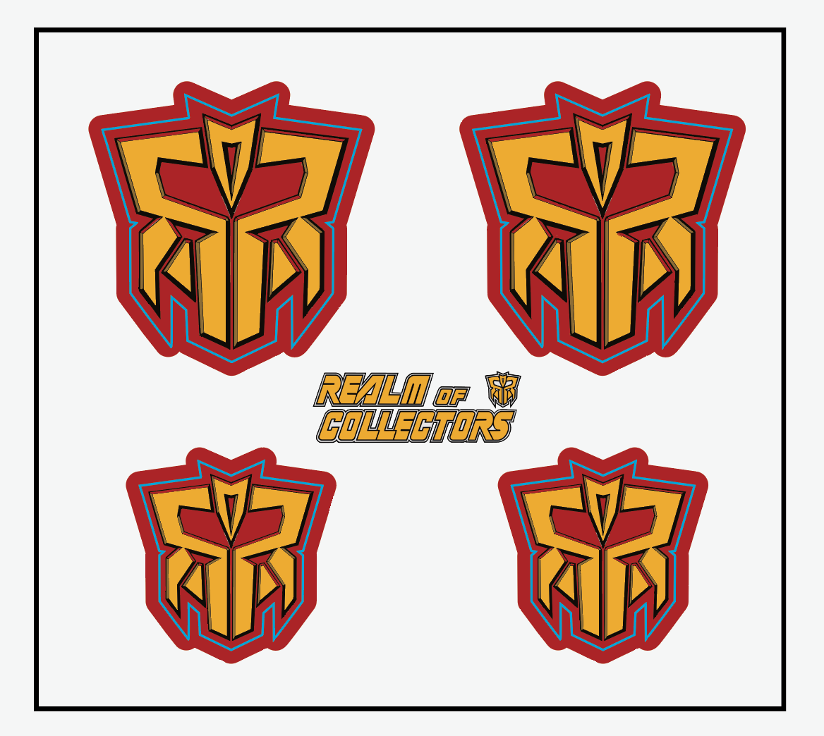 Four identical stylized red, gold shield logos arranged around a central 'Realm of Collectors' logo on a white background with a thin black border.